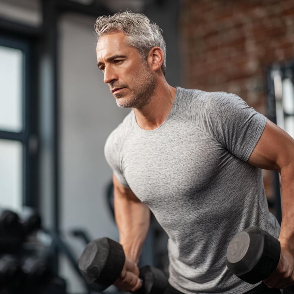Middle-aged man performing strength training with proper form in modern gym