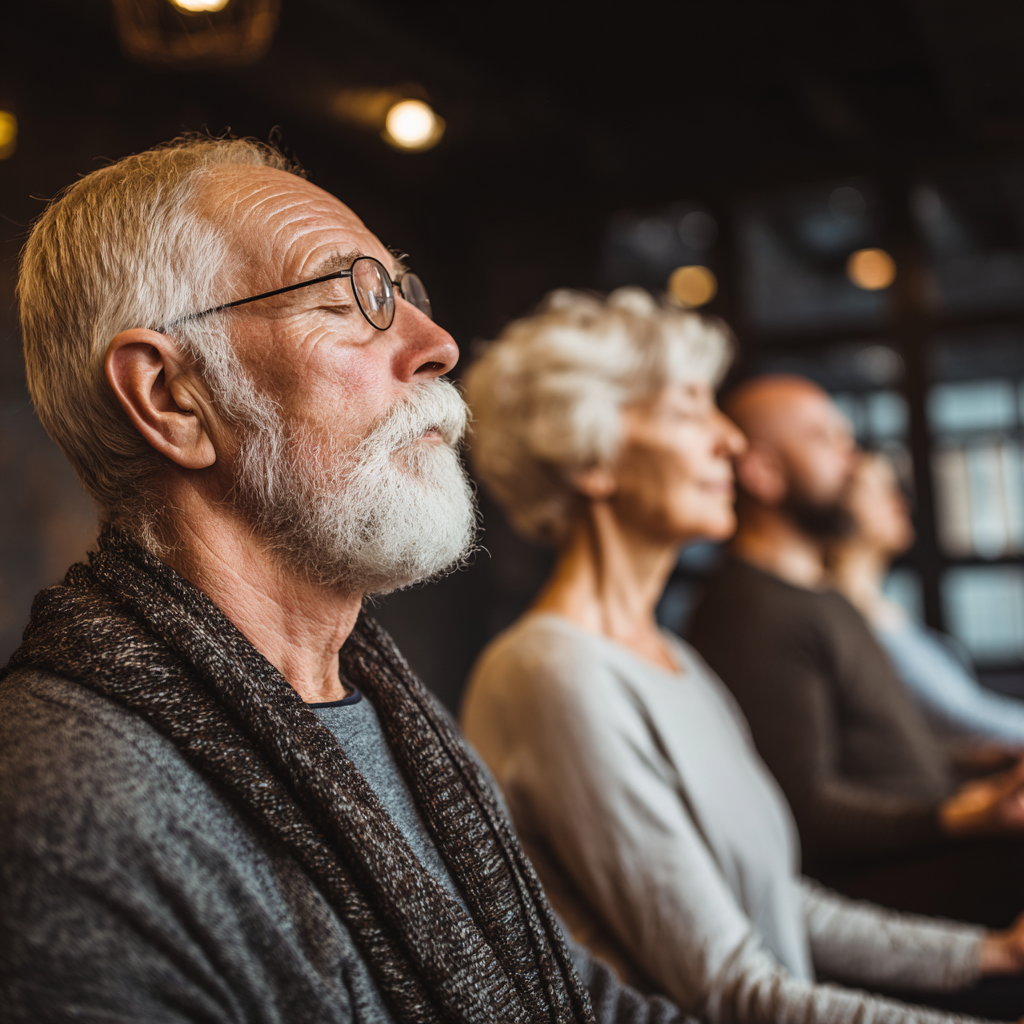 Older adults in meditation session focused on mental resilience and discipline